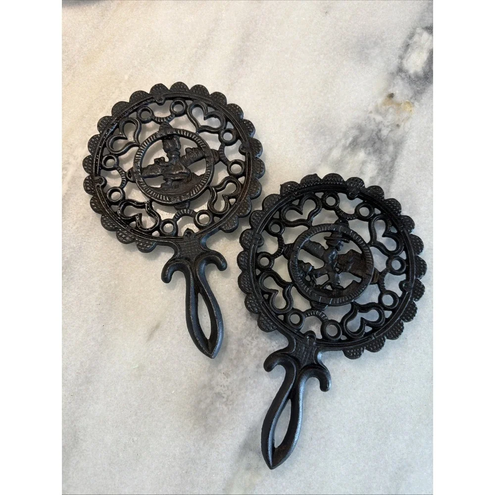 Set Of 2 Vintage Cast Iron Trivets Amish Boy And Girl OLA000